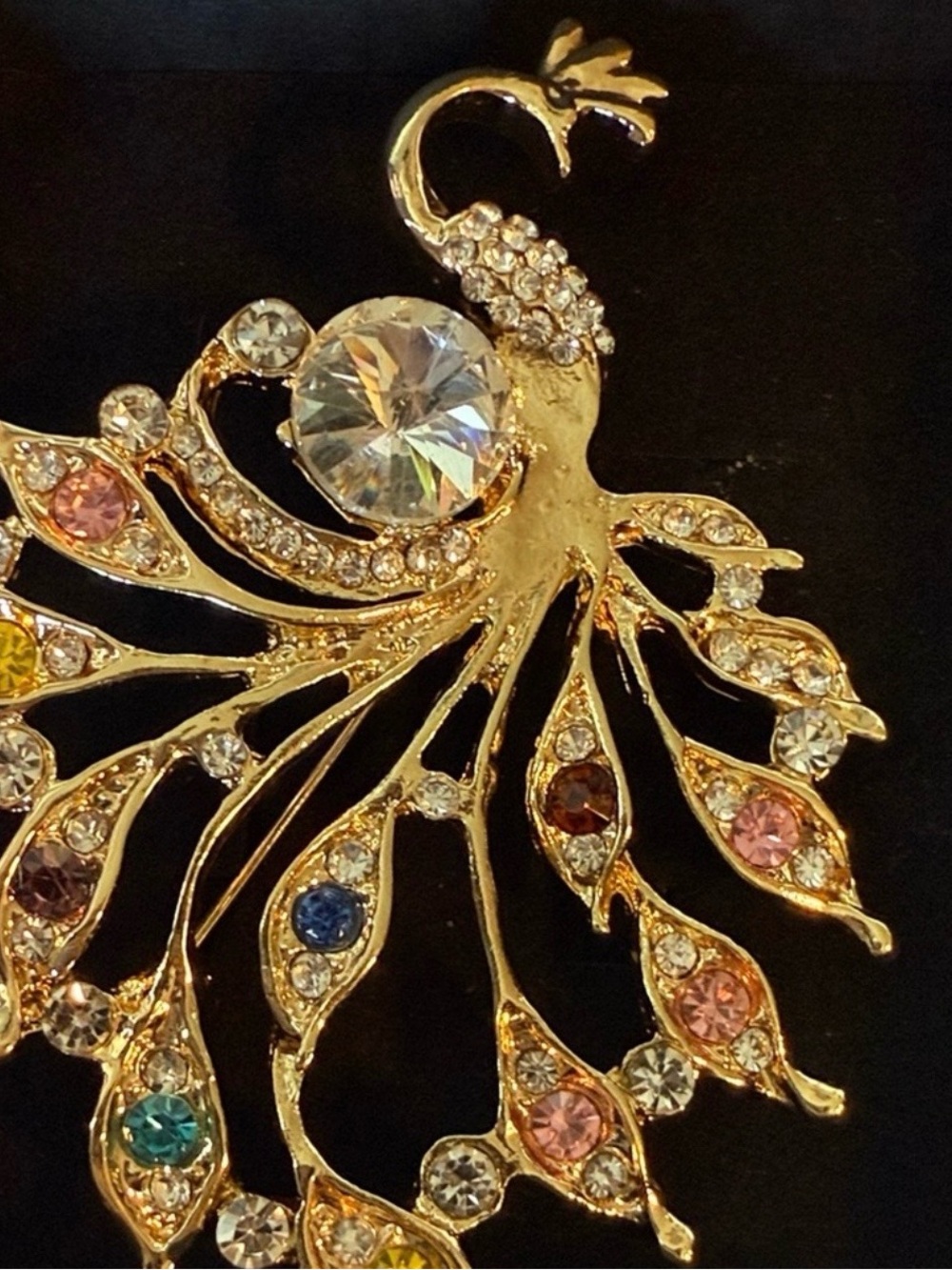 Gold-Tone Multicolor Crystal Peacock Brooch - Women Jewelry
